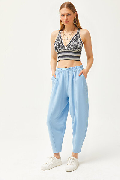 Olalook Kadın Bebe Mavi Cepli Dikiş Detaylı Keten Şalvar Pantolon PNT-19000234