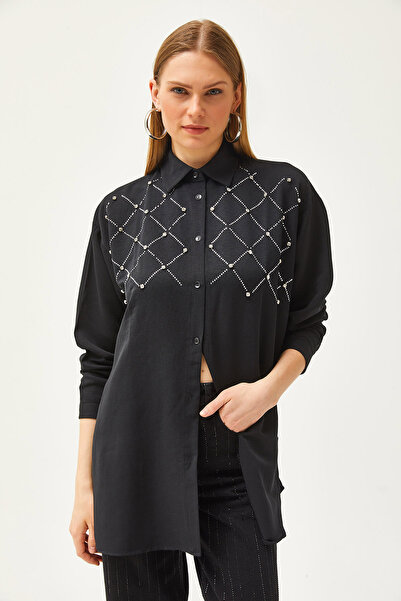 Olalook Γυναικείο πουκάμισο με λεπτομέρεια υφασμένο από μαύρη πέτρα και πούλιες GML-19001186