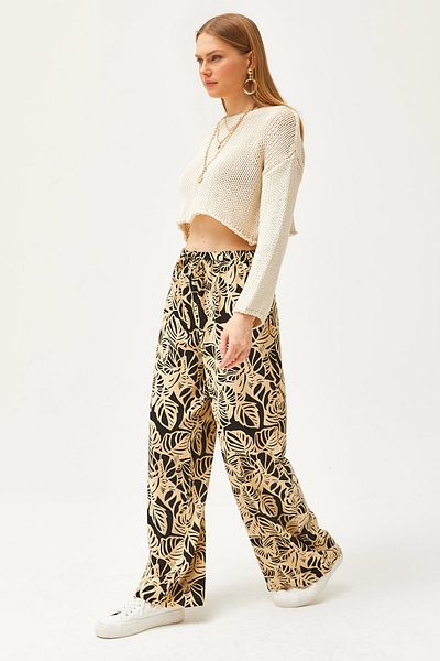 Olalook Women's Black Palm Patterned Linen Viscose Palazzo Trousers PNT-19000270