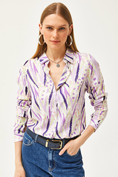 Olalook Kadın Mor Lila Yaprak Desenli Dokuma Viskon Gömlek GML-19001188