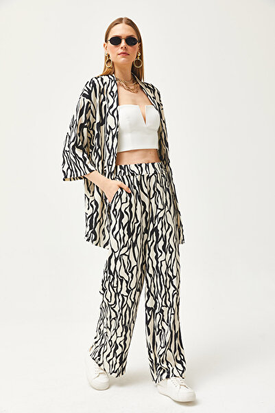 Olalook Dámská černá Top Kimono Bottom Pocket Kalhoty Set TKM-19000276