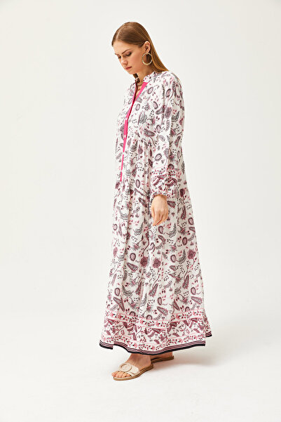 Olalook Dámské šátek s fuchsiovým límcem na knoflík, volné maxi šaty ELB-19002057