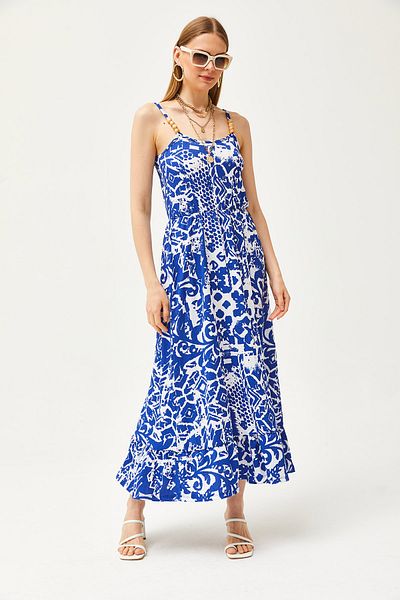 Olalook Geometrisches blaues Midikleid für Damen mit Holzaccessoires und elastischer Taille ELB-19002101
