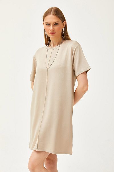 Olalook Beiges Minikleid mit weicher Struktur und Steppnähten vorne für Damen ELB-19002087