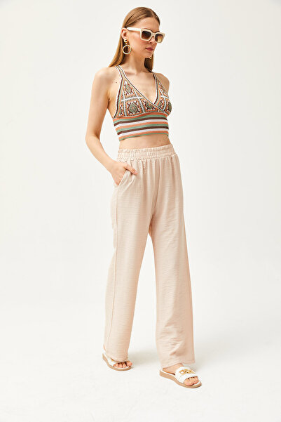 Olalook Kadın Taş Cepli Beli Lastikli Keten Ayrobin Palazzo Pantolon PNT-19000271