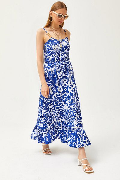 Olalook Geometrisches blaues Midikleid für Damen mit Holzaccessoires und elastischer Taille ELB-19002101
