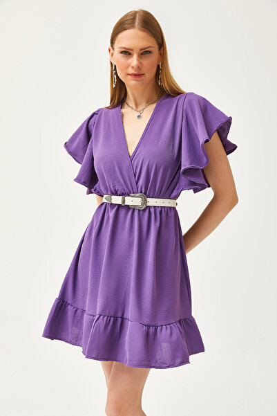 Olalook Lilafarbenes, zweireihiges, drapiertes Minikleid mit Kragen und Ärmeln für Damen ELB-19002079