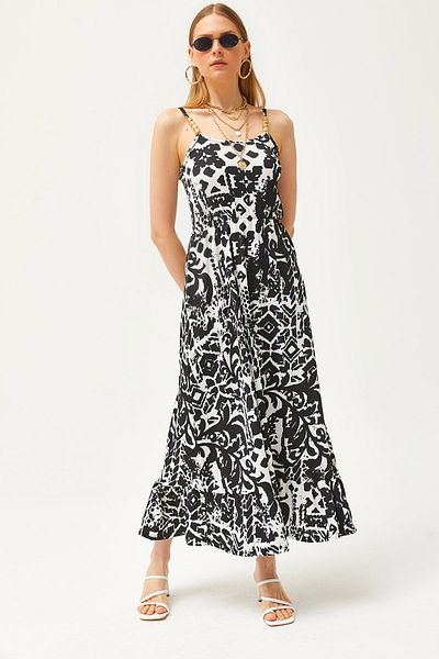 Olalook Geometrisches schwarzes Midikleid für Damen mit Holzaccessoires und elastischer Taille ELB-19002101