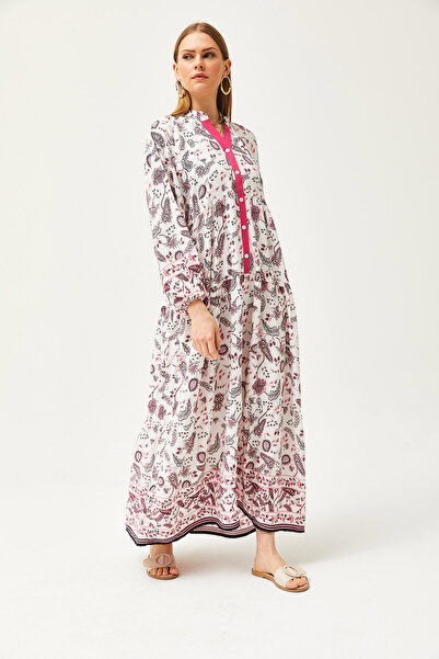 Olalook Dámské šátek s fuchsiovým límcem na knoflík, volné maxi šaty ELB-19002057