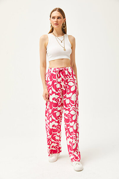 Olalook Women's Fuchsia Patterned Palazzo Kupra Trousers PNT-19000272