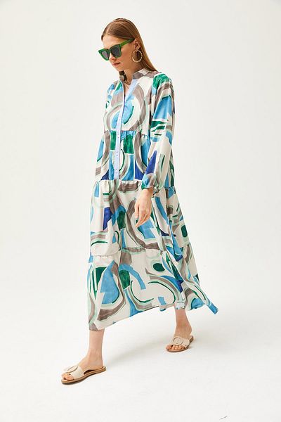 Olalook Rochie maxi cu guler albastru Kupra pentru femei, cu detaliu, cu nasturi, largi ELB-19002057