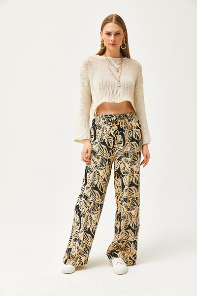 Olalook Women's Black Palm Patterned Linen Viscose Palazzo Trousers PNT-19000270