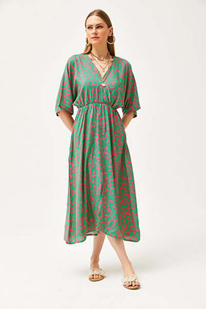 Olalook Kadın Çimen Yeşili Kruvaze Yaka Yarasa Beli Lastikli Dokuma Elbise ELB-19002084