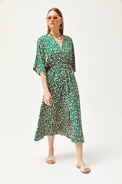 Olalook Kadın Pembe Yeşil Kruvaze Yaka Yarasa Beli Lastikli Dokuma Elbise ELB-19002084