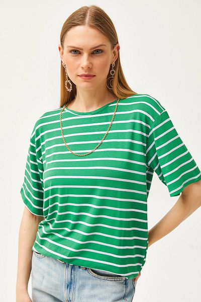 Olalook Grasgrün gestreiftes Freizeit-T-Shirt für Damen TSH-19000283