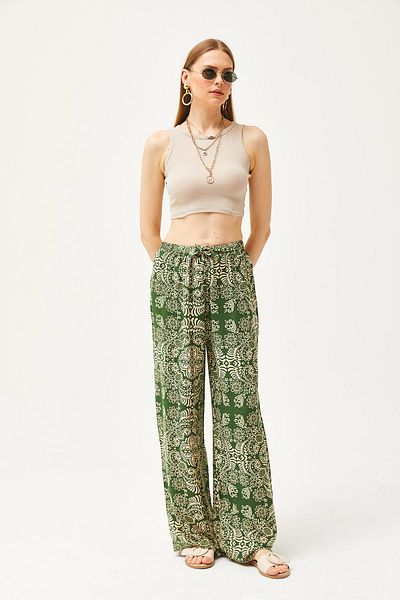 Olalook Khakifarbene Palazzo-Hose aus Leinen-Viskose mit Schalkragen für Damen PNT-19000269