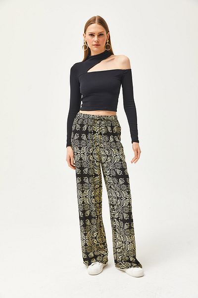 Olalook Schwarze Palazzo-Hose aus Leinen-Viskose mit Schalkragen für Damen - PNT-19000269