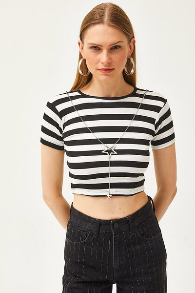 Olalook Tricou crop cu dungi alb-negru pentru femei TSH-19000797