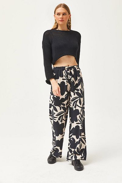 Olalook Schwarze Palazzo Kupra-Hose mit großem Blumenmuster für Damen PNT-19000272
