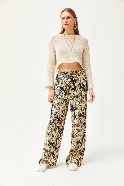 Olalook Women's Black Palm Patterned Linen Viscose Palazzo Trousers PNT-19000270