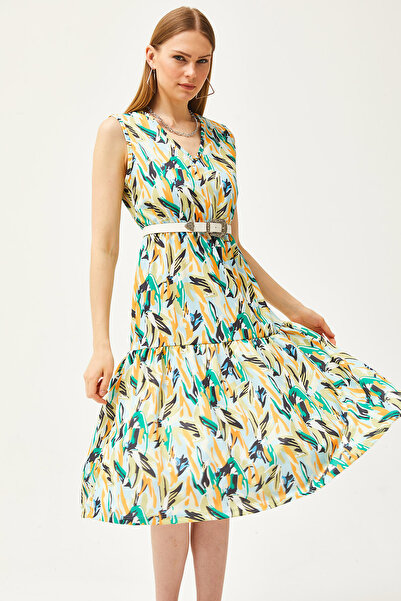 Olalook Women's Brush Green V-Neck Elastic Waist Piece Knitted Dress ELB-19002090