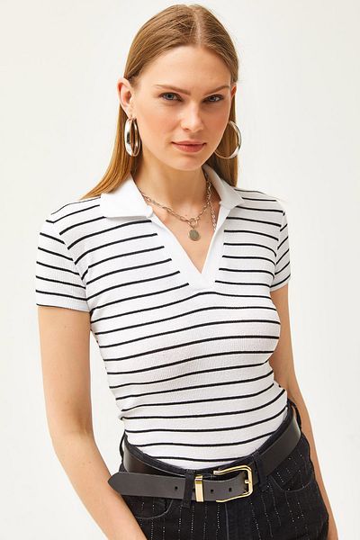 Olalook Bluză tricotată cu guler polo cu dungi albe pentru femei BLZ-19002563