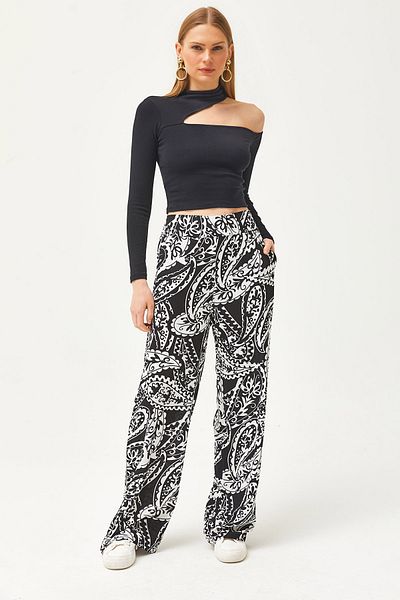 Olalook Women's Black Pocketed Front Banded Elastic Back Woven Trousers PNT-19000268