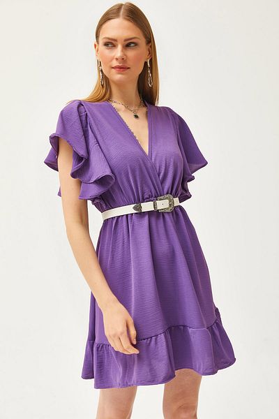 Olalook Lilafarbenes, zweireihiges, drapiertes Minikleid mit Kragen und Ärmeln für Damen ELB-19002079