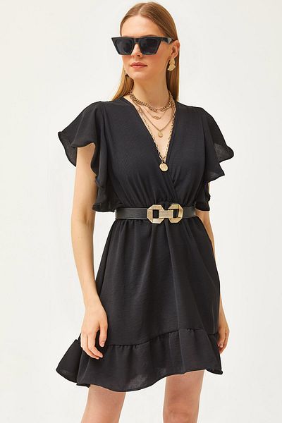 Olalook Schwarzes, zweireihiges, drapiertes Minikleid mit Kragen und Ärmeln für Damen ELB-19002079