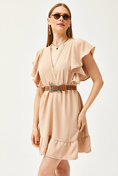 Olalook Kamelfarbenes, zweireihiges, drapiertes Minikleid mit Kragen und Ärmeln für Damen ELB-19002079