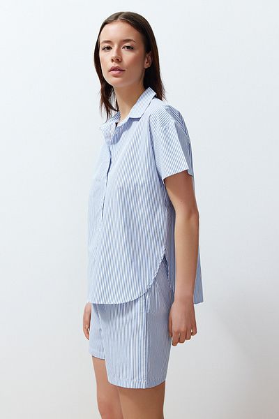Trendyol Collection Set pijamale țesute în dungi din bumbac albastru THMSS24PT00092