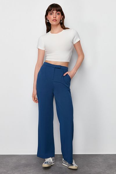 Trendyol Collection Navy Blue Velcro Closure Detailed Lycra Straight/Straight Cut Woven Trousers TWOSS24PL00113