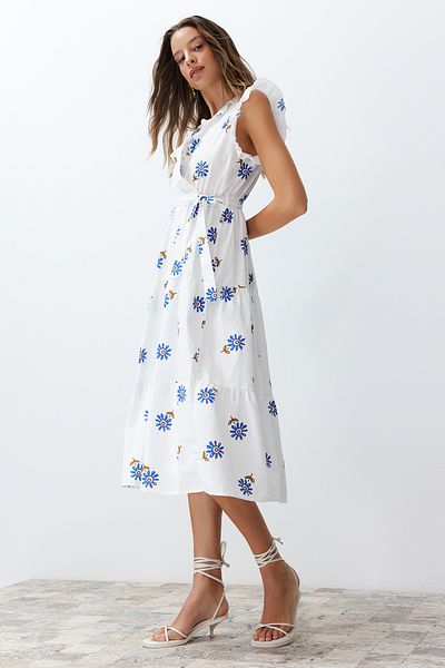 Trendyol Collection Λευκό Ζώνη Α-γραμμή Διπλό Μίντι Φόρεμα TWOSS24EL00914