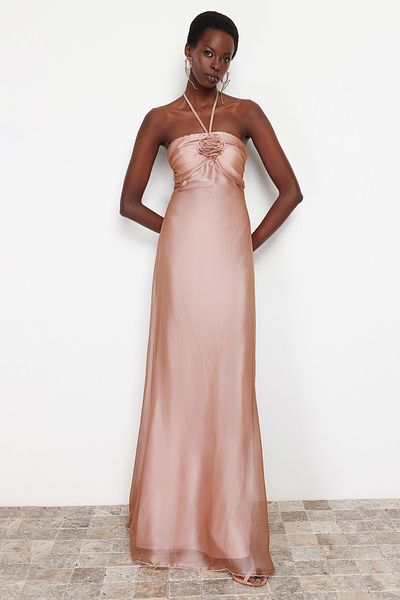 Trendyol Collection Long Dried Rose Evening Dress - Rose Detailed, Woven TPRSS24AE00035