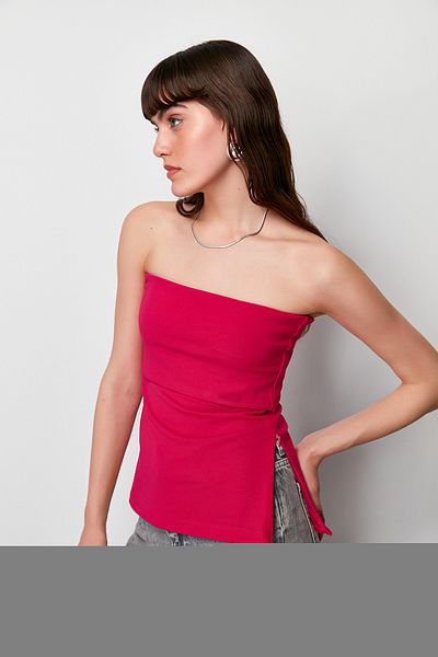 Trendyol Collection Φούξια στράπλες γιακάς με φερμουάρ στο πλάι κρεπ πλεκτή μπλούζα TWOSS23BZ00928
