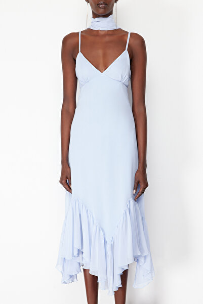 Trendyol Collection Rochie de seară midi albastru deschis Rochie de absolvire de noapte Linie A cu volane TPRSS24EL00102