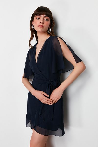Trendyol Collection Sötétkék duplasoros szoknya, fodros részletes sifon bélésű mini szőtt ruha TWOSS24EL00742