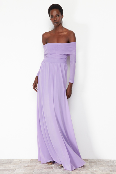 Trendyol Collection Tylové večerní šaty s límcem Carmen ve střihu A – TPRSS24AE00068