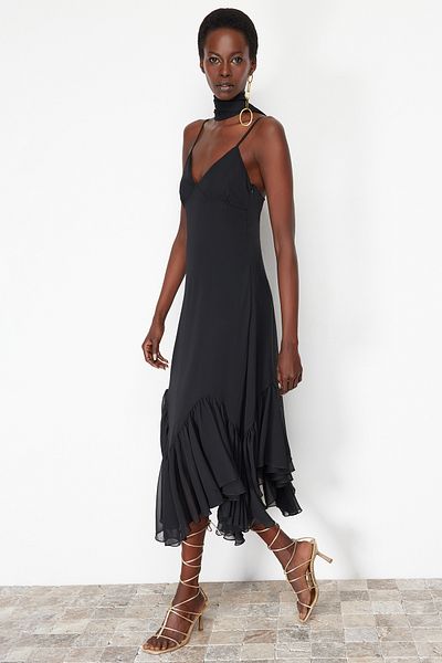 Trendyol Collection Černé A-Line volánkové tkané midi šaty Tprss24El00102