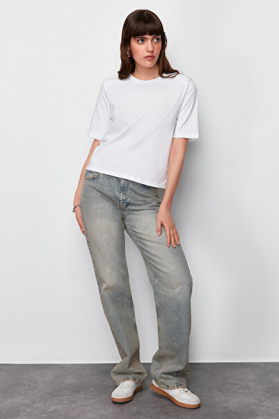 Trendyol Collection Ecru 100% Thick Cotton Padded Crop Knitted T-Shirt Twoss24Ts00122