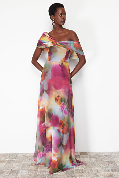 Trendyol Collection Πολύχρωμο βραδινό φόρεμα TPRSS24AE00055 με ασύμμετρο γιακά σιφόν με επένδυση σε γραμμή Α