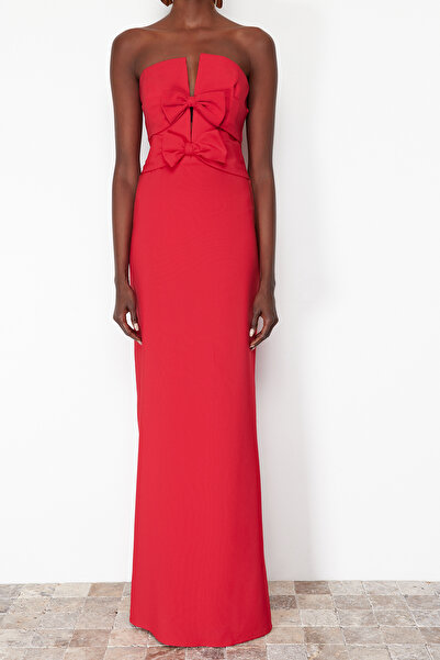 Trendyol Collection Piros masni részlet szőtt hosszú elegáns estélyi ruha TPRSS24AE00073