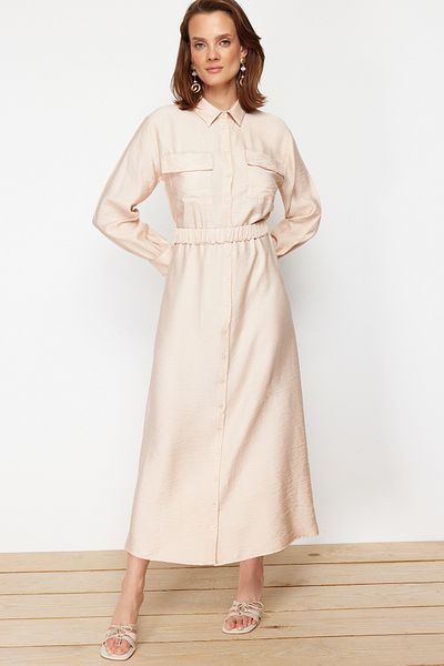 Trendyol Modest Μπεζ ελαστική μέση με τσέπη με λεπτομέρεια υφασμένο φόρεμα TCTSS22EB0034