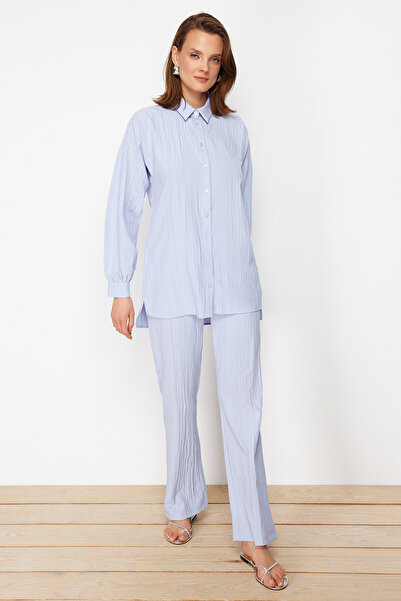 Trendyol Modest Ανοιχτό γαλάζιο Φαρδύ Πουκάμισο-Παντελόνι Πλεκτό Σετ TCTSS22US0030