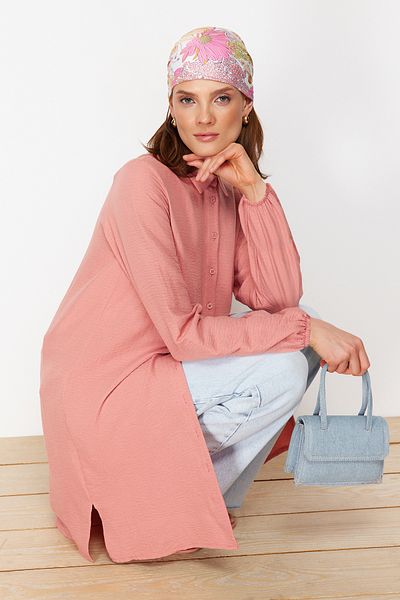 Trendyol Modest Tkaná aerobinová košile Cinnamon Side Side Midi Length TCTSS22GO0104