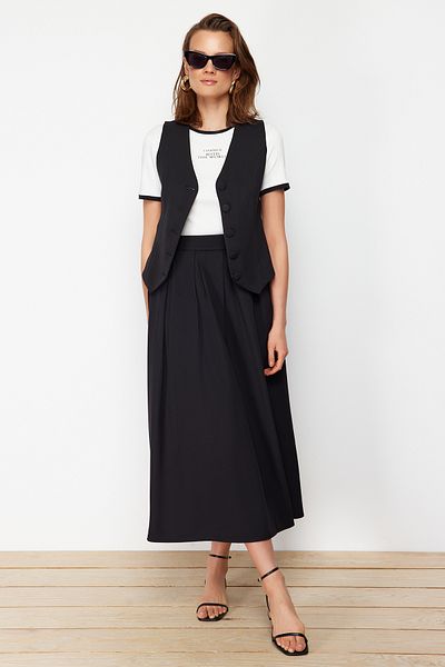 Trendyol Modest Fustă neagră Plisată țesută TCTAW24EE00011