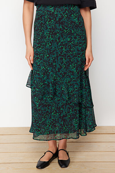 Trendyol Modest Green Animal Patterned Lined Woven Skirt TCTAW24EE00020