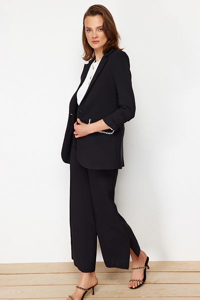 Trendyol Modest Black Pearl részletes krepp kabát nadrág szőtt alsó felső öltöny TCTSS24US00011