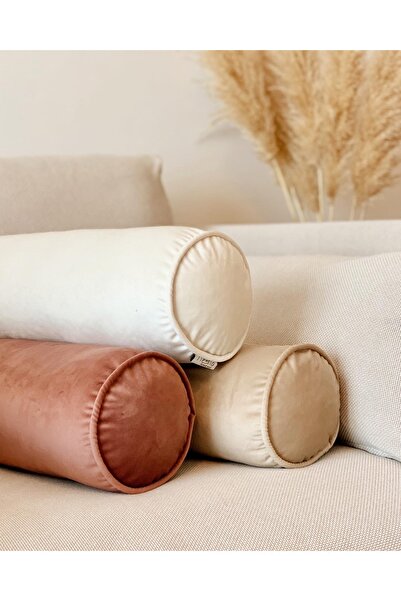 Hestia Home Kadife Silindir Yastık Fitilli 3'lü Set Krem Bej Gül Kurusu