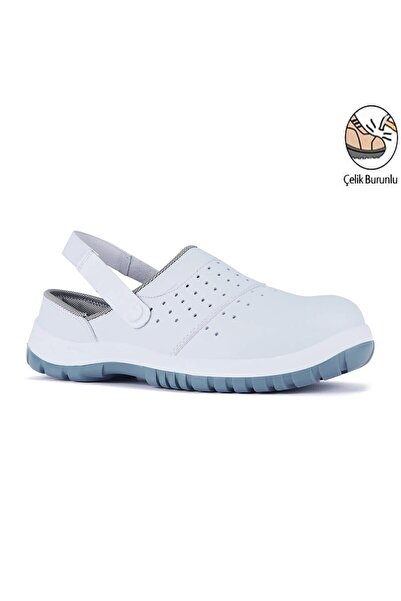 e&e Mekap 210 S1 Beyaz Unisex Ortopedik Çelik Burunlu Hafif Gıda Fabrika Aşçı Şef İş İçin Sabo Terlik